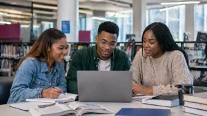 Students applying for bursaries in South Africa 2026 using a laptop