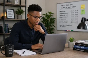 Young professional reviewing entry level job salary information in South Africa