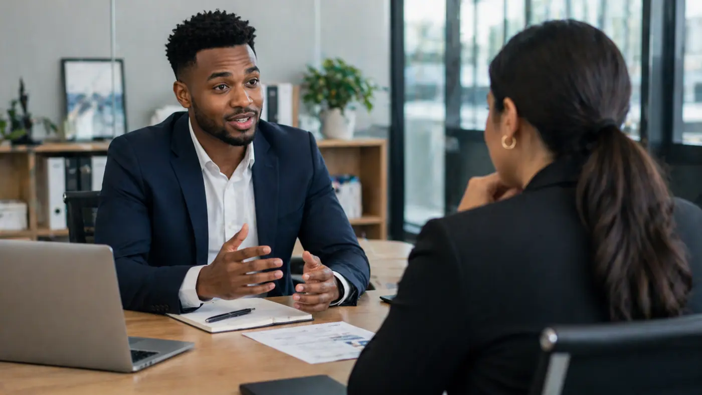 Job interview preparation in South Africa with candidate speaking to interviewer