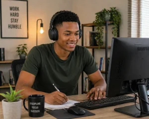 Young South African working from home on a laptop in a modern setup