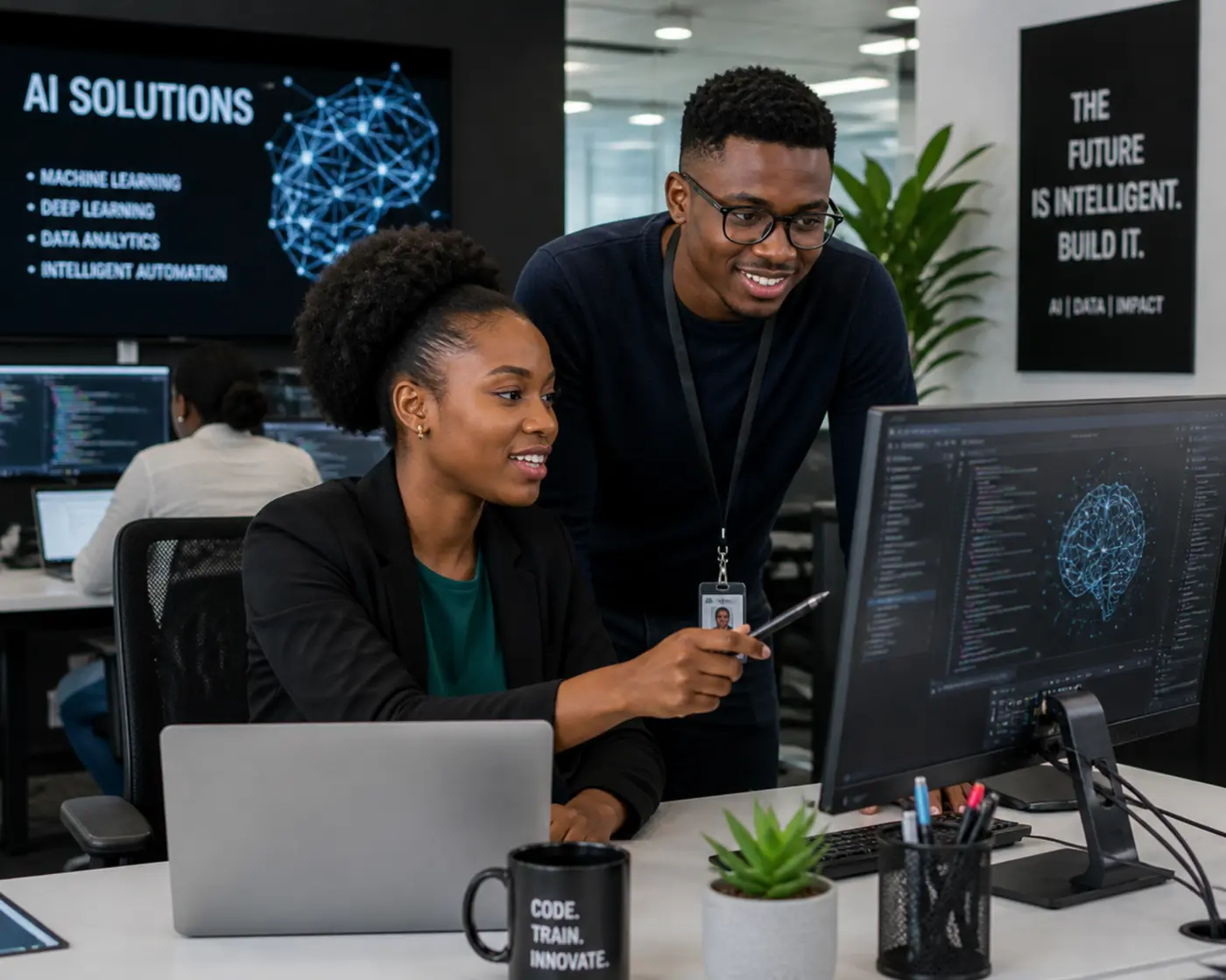 South African professionals working with artificial intelligence technology in a modern office
