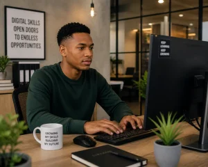 Young South African working on digital skills using a computer in a modern workspace