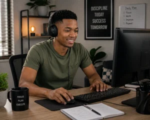 Young South African working from home on a desktop computer with headphones in a modern setup